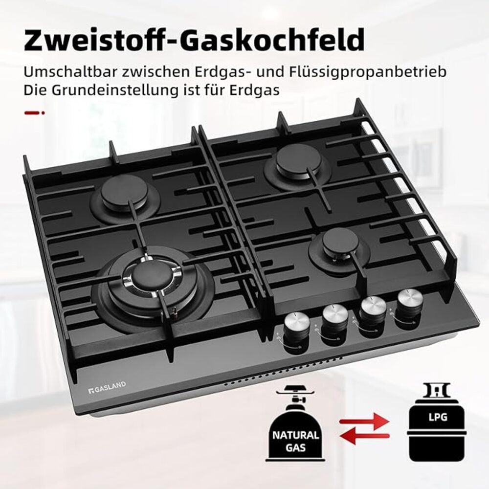GASLAND Chef 60cm 4 Burner Black Glass Hob