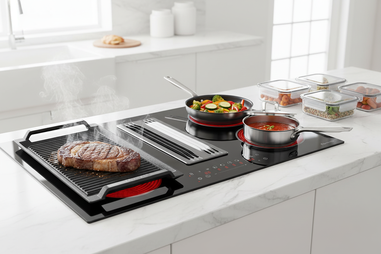 GASLAND CH804BFR24A 4-burner downdraft electric cooktop with cast iron griddle searing steak across Zone 1 and Zone 2 during meal prep