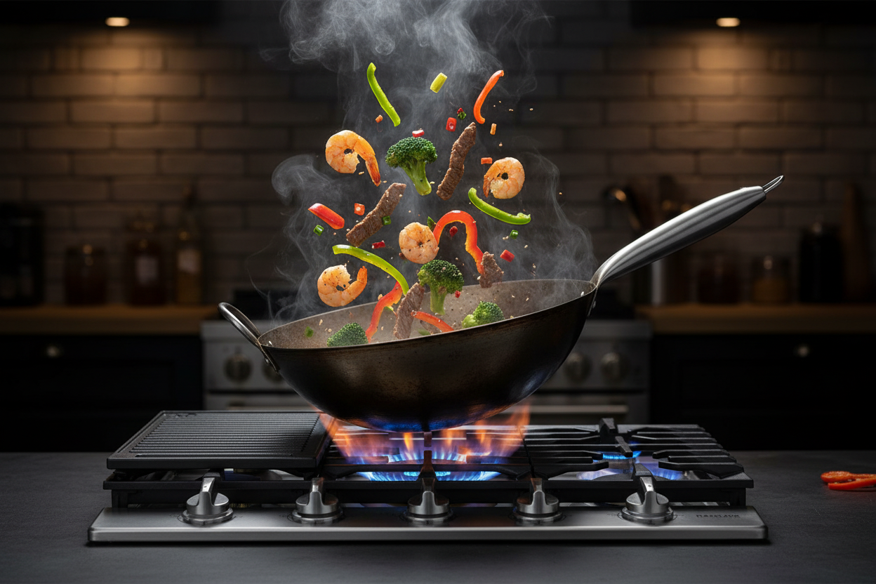 Male chef stir-frying on GASLAND GH4305SF 30-inch gas cooktop with powerful blue flames
